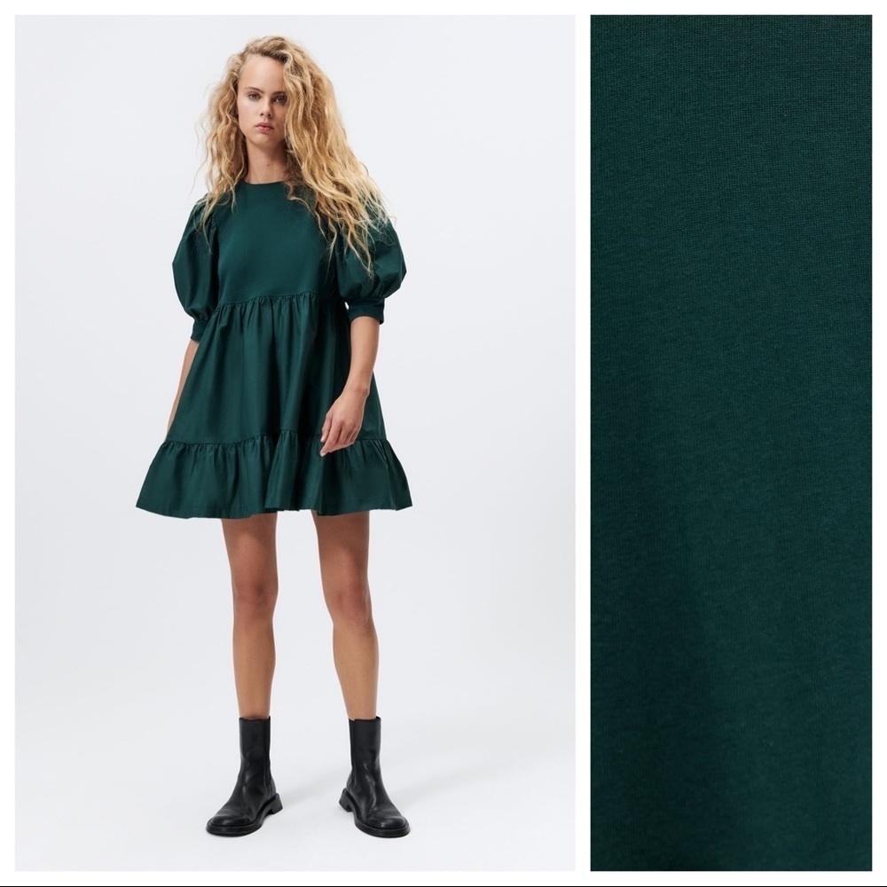 🌹NWT. Zara Dark Green Combination Ruched Mini Dress. Size L.
